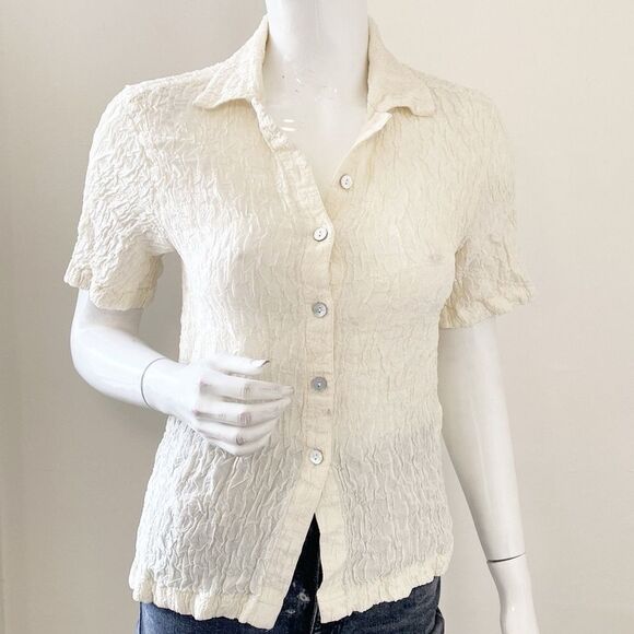 & Other Stories Tops - & Other Stories Cream Smocked Short Sleeve Button Down Shirt Shell Style Buttons